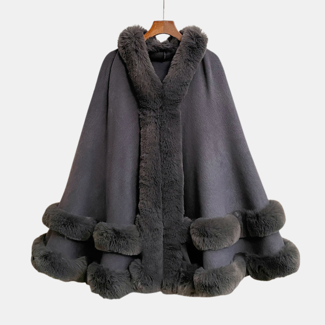 Women's Faux Fur Trim Hooded Knit Cape Coat