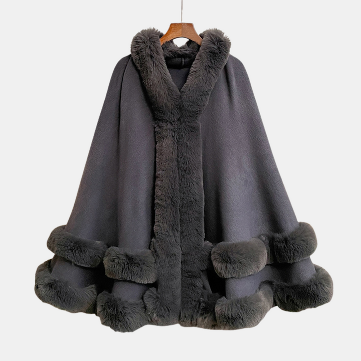 Women's Faux Fur Trim Hooded Knit Cape Coat