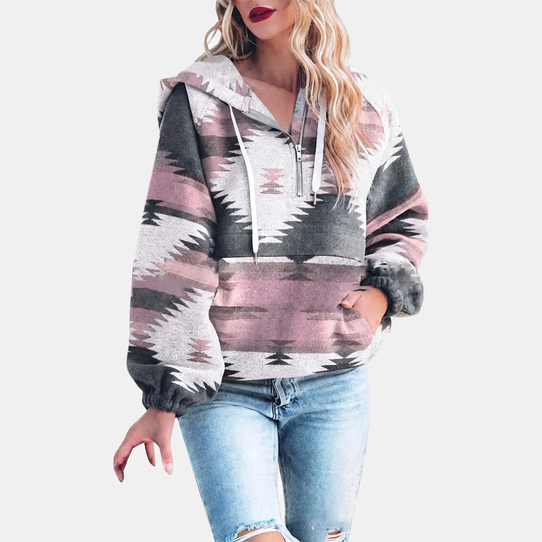 Women's Oversized Quarter Zip Hoodie with Geometric Print