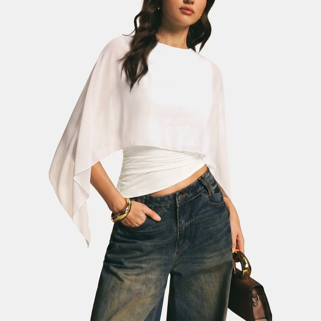 Women's Batwing Cape Sleeve Ruched Crop Blouse