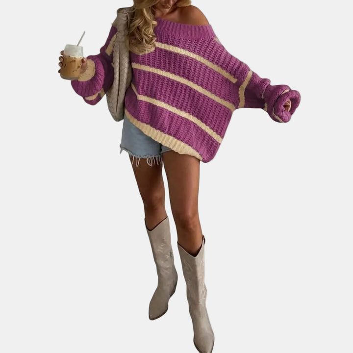 Women's Oversized Off Shoulder Striped Knit Sweater