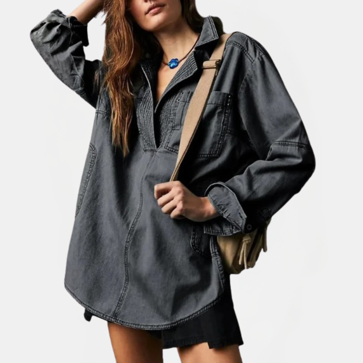 Women's Oversized V-Neck Long Sleeve Denim Pullover Shirt